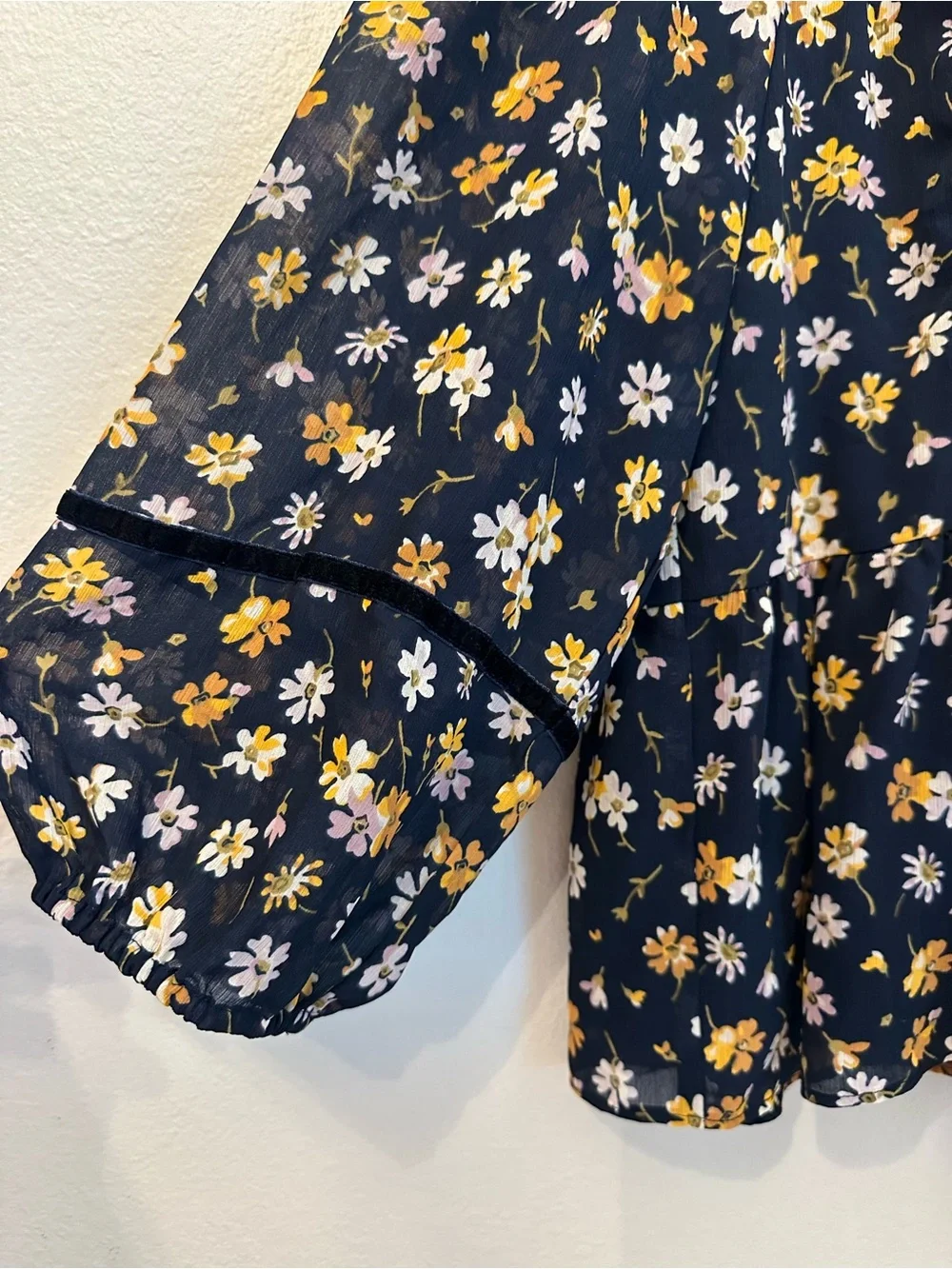 Madewell Navy Floral Peplum Top with Yellow & White Blossoms